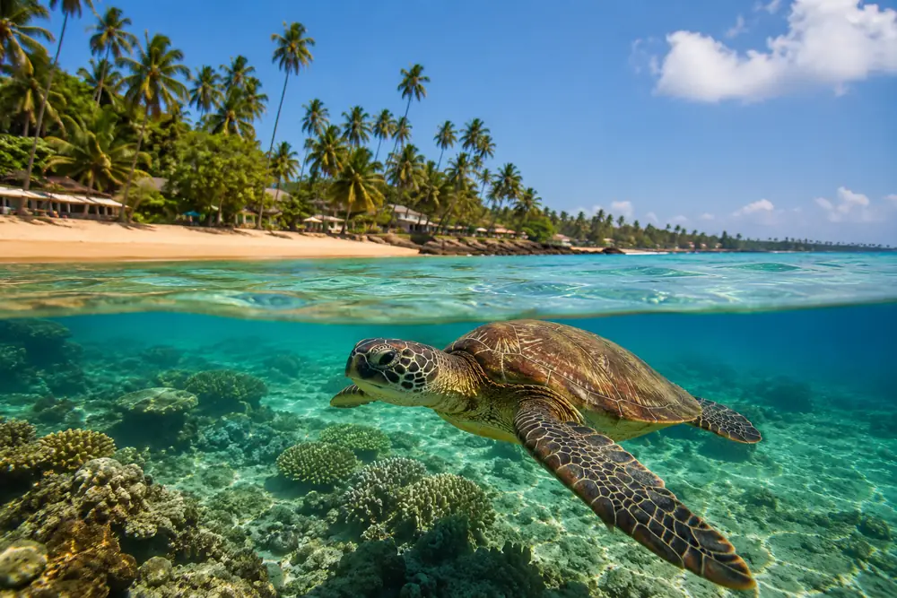 Sea turtle gliding over the shallow coral reef close to Hikkaduwa beach