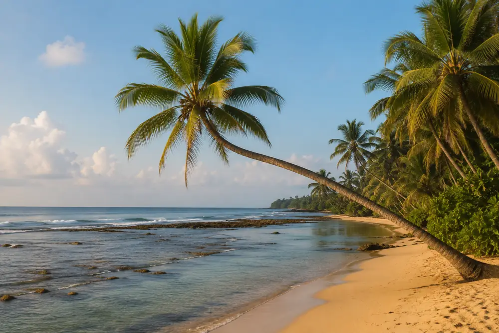 Leaning coconut palm over calm reef-protected sand at Dalawella near Thalpe